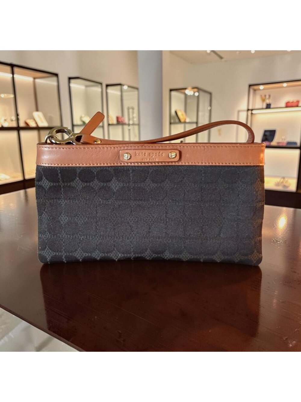 Kate Spade Jacquard Logo Wristlet Wallet Clutch Brown Leather Trim Zip Excellent